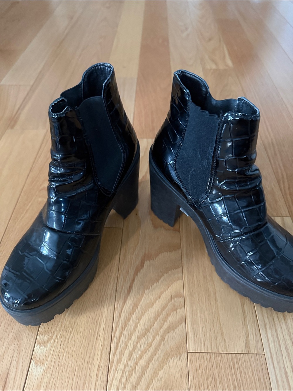 Topshop Black Patent Croc-Embossed Chunky Heel Booties